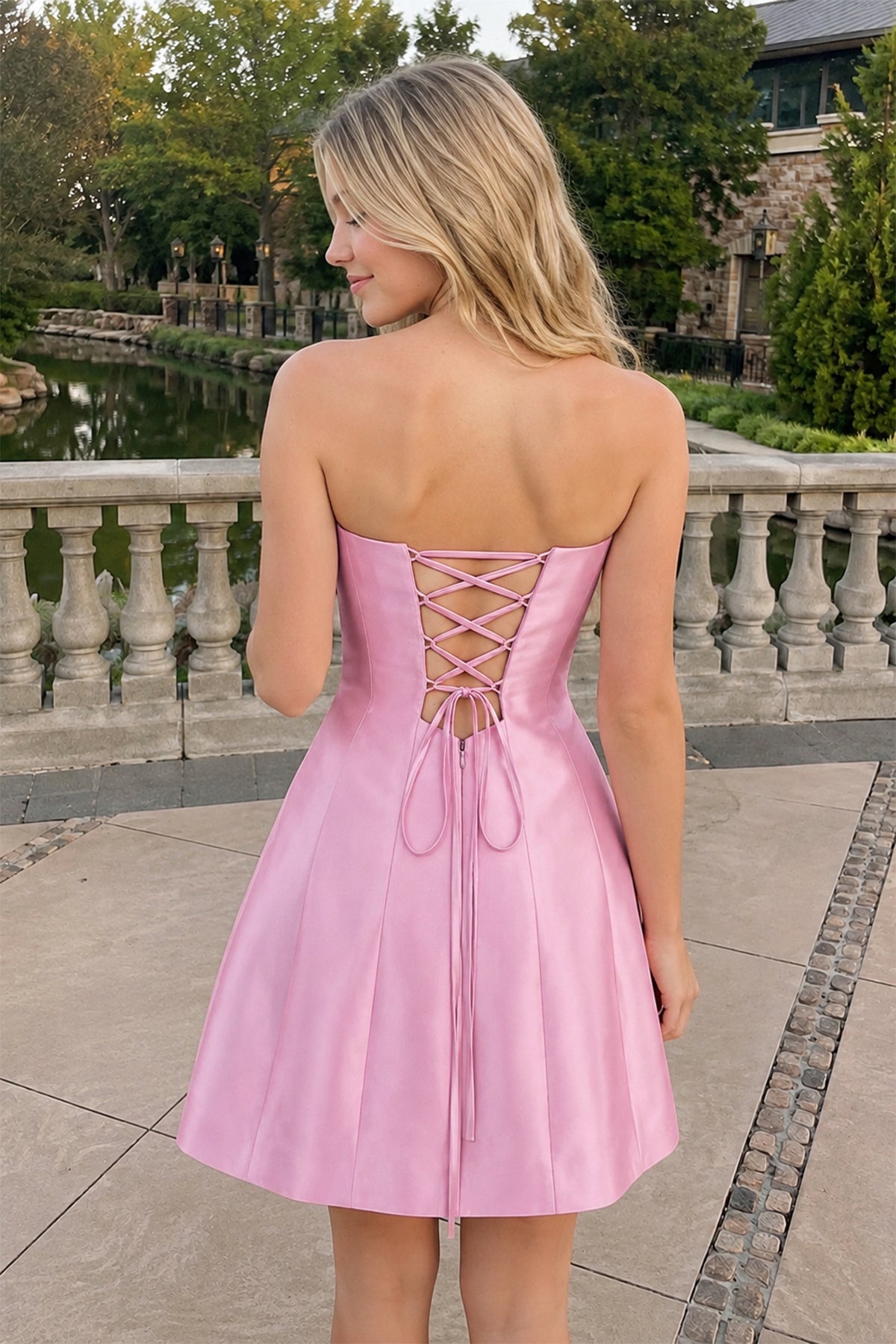 Candy Pink Rhinestones Satin Strapless A-Line Homecoming Dress