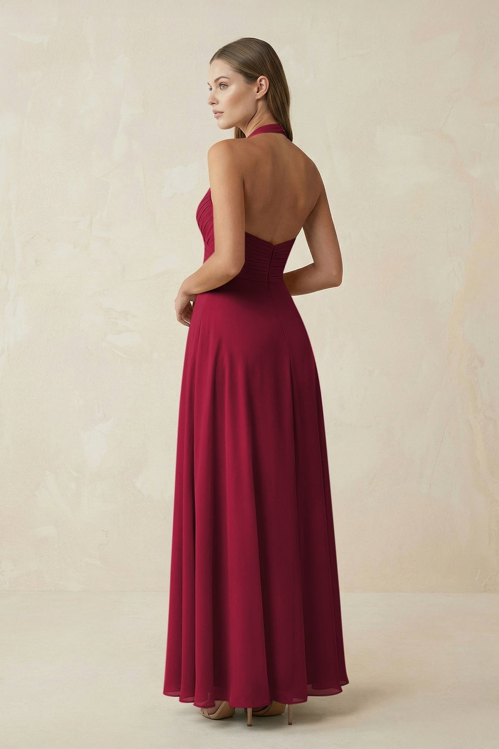 A-Line Pleated Chiffon V-Neck Bridesmaid Dress in Berry