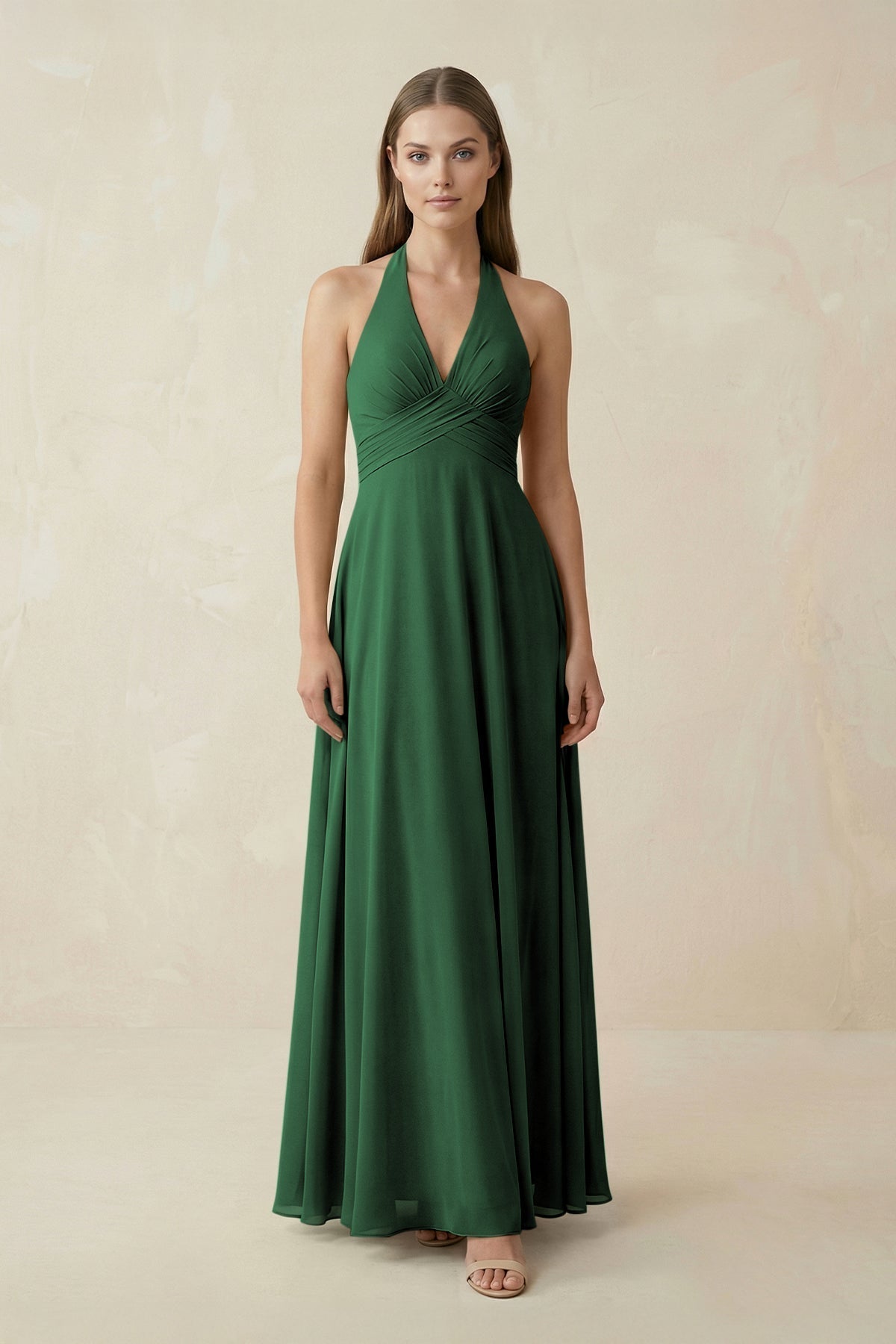 A-Line Pleated Chiffon V-Neck Bridesmaid Dress in Dark Green