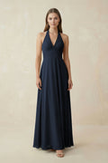 A-Line Pleated Chiffon V-Neck Bridesmaid Dress in Dark Navy