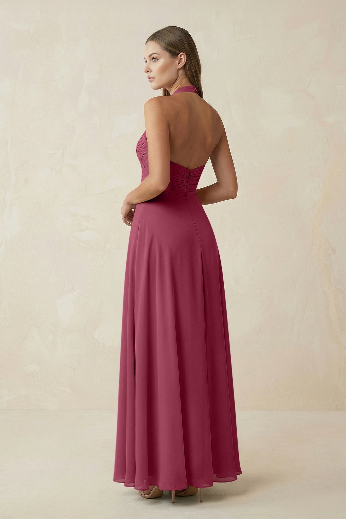 A-Line Pleated Chiffon V-Neck Bridesmaid Dress in Desert Rose