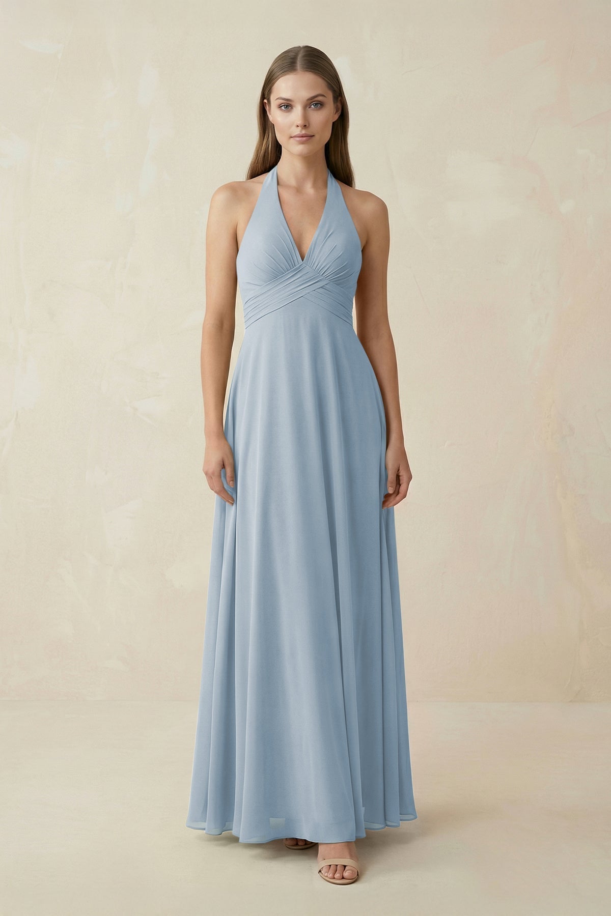 A-Line Pleated Chiffon V-Neck Bridesmaid Dress in Dusty Blue