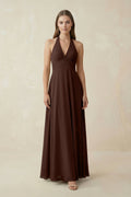 A-Line Pleated Chiffon V-Neck Bridesmaid Dress in Espresso