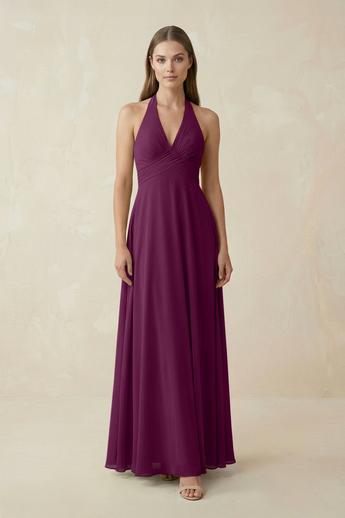 A-Line Pleated Chiffon V-Neck Bridesmaid Dress in Fig