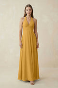 A-Line Pleated Chiffon V-Neck Bridesmaid Dress in Marigold