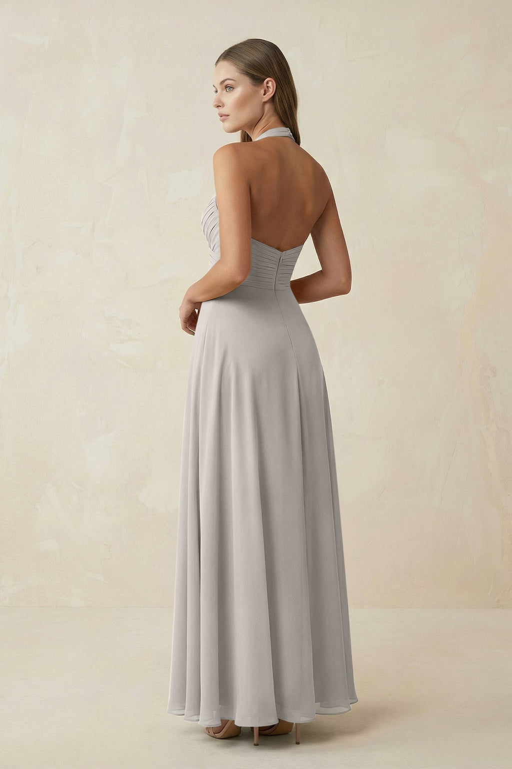 A-Line Pleated Chiffon V-Neck Bridesmaid Dress in Silver