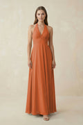 A-Line Pleated Chiffon V-Neck Bridesmaid Dress in Terracotta