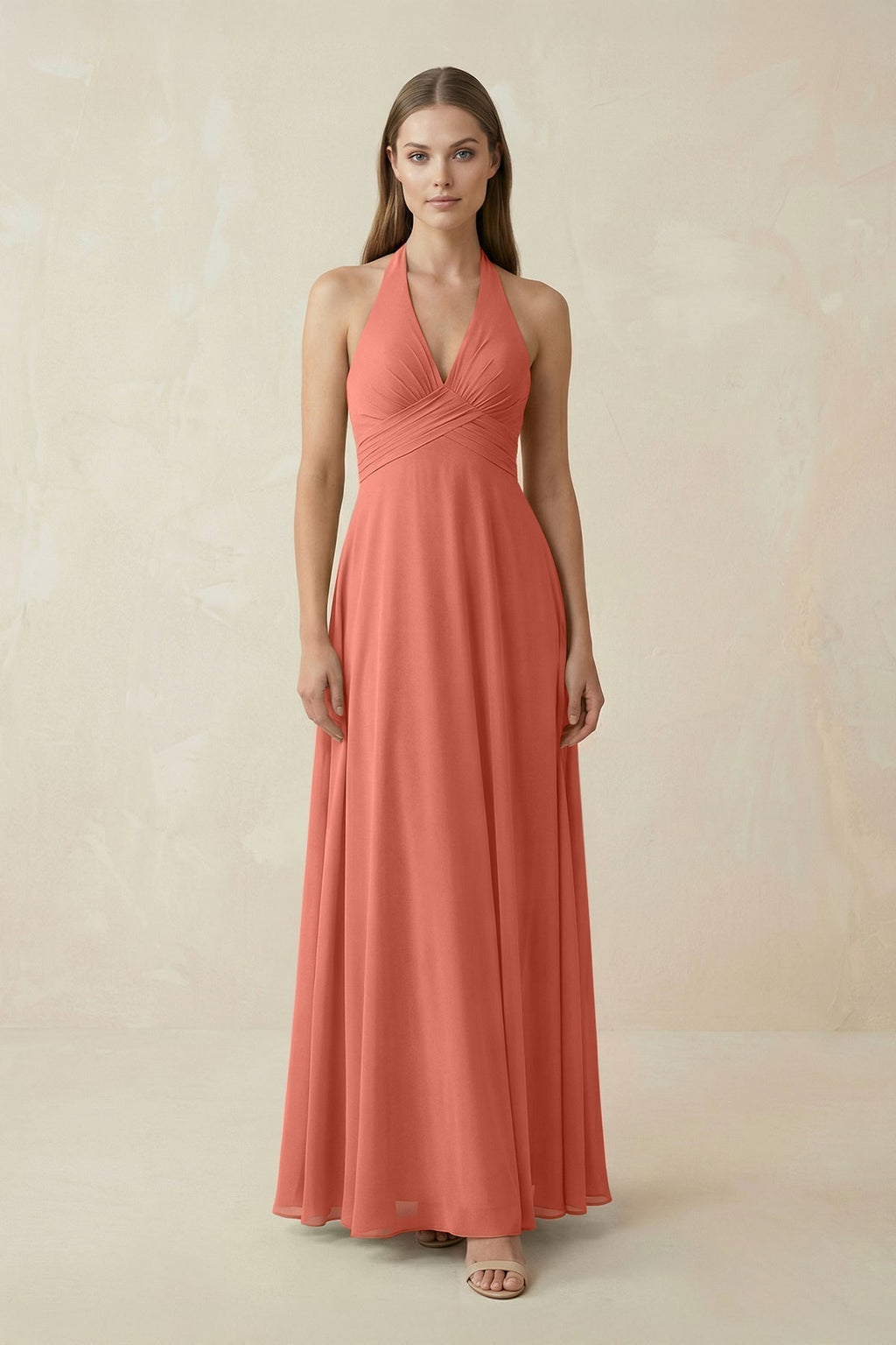 A-Line Pleated Chiffon V-Neck Bridesmaid Dress in Wild Rose