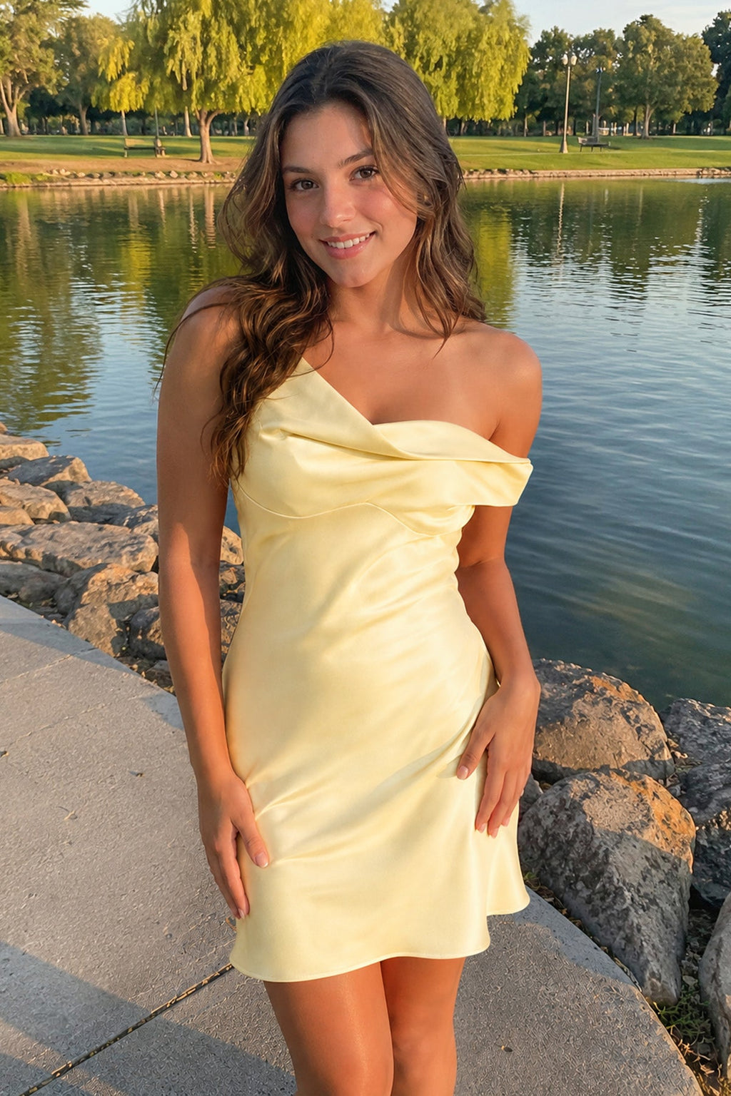 Aqua One-Shoulder Satin Ruched Sheath Homecoming Dress