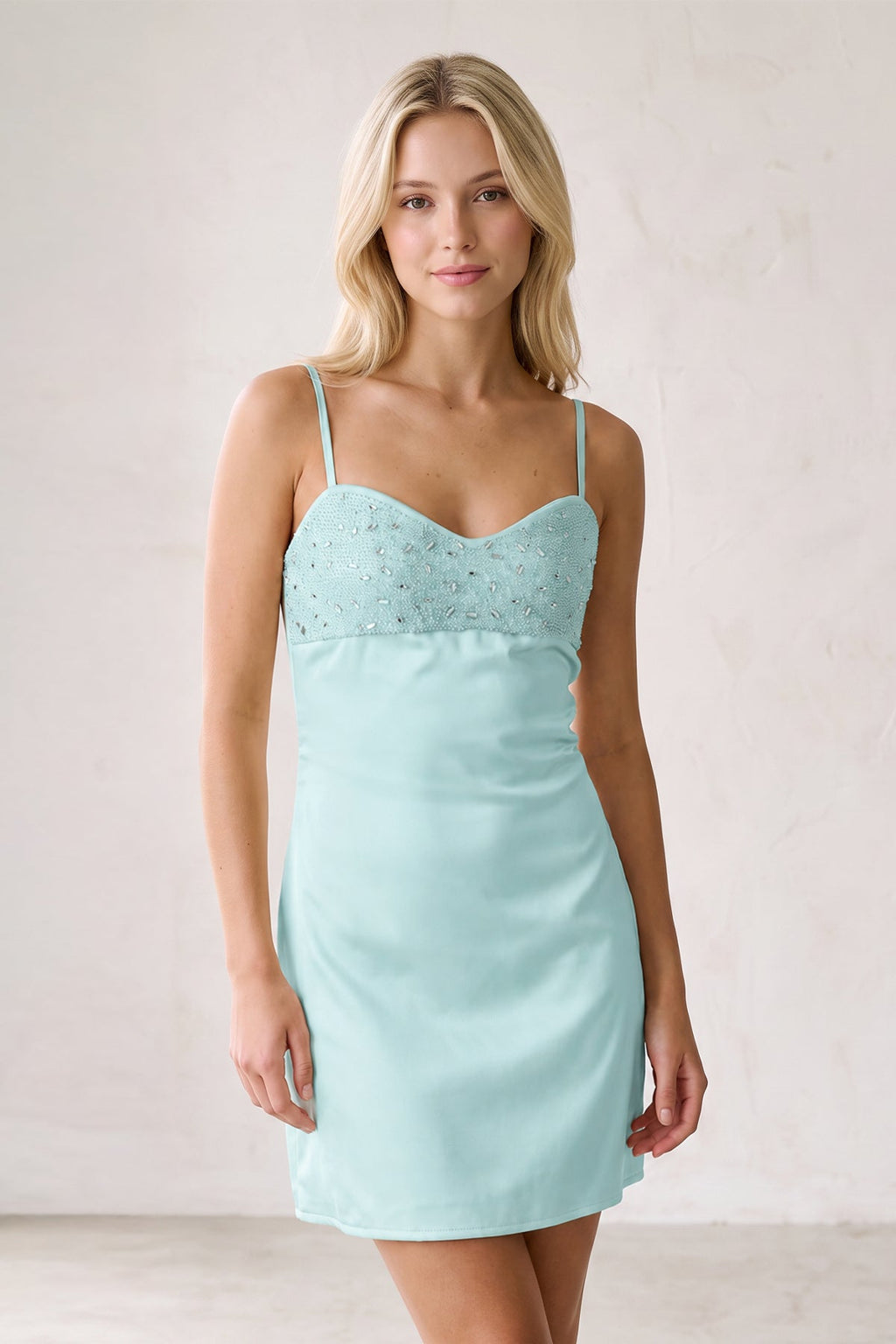 Champagne Spaghetti Straps Sheath Rhinestones Satin Homecoming Dress with Tie Back