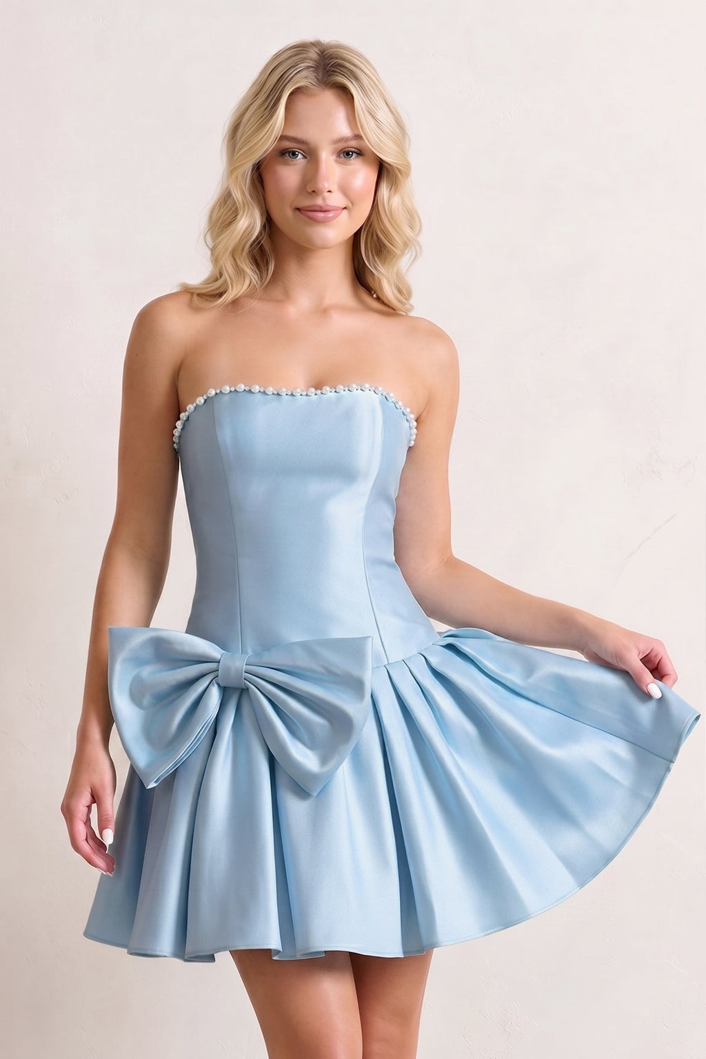 Aqua Strapless A-Line Satin Ruched Bow Homecoming Dress With Pearl