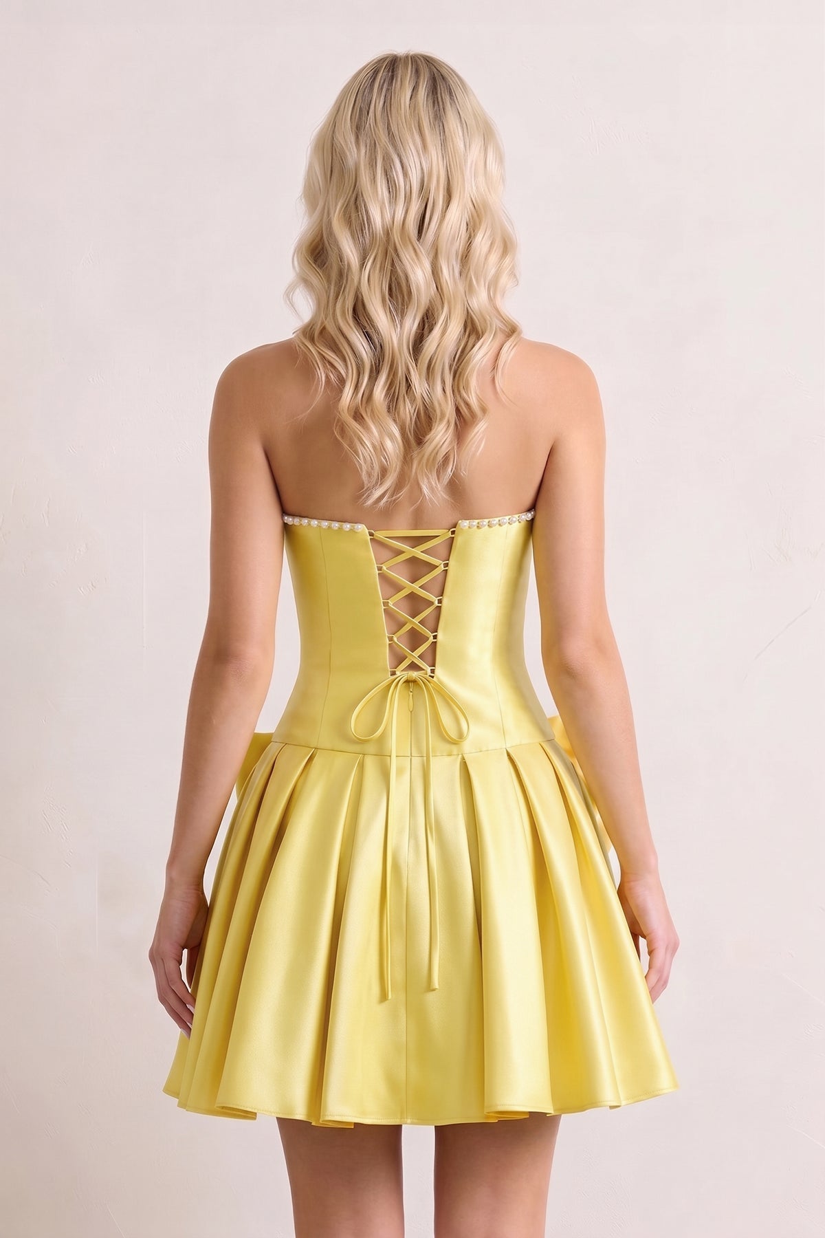 Aqua Strapless A-Line Satin Ruched Bow Homecoming Dress With Pearl