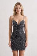 Black Sparkly Spaghetti Straps Sheath Mini Homecoming Dress With Pearl