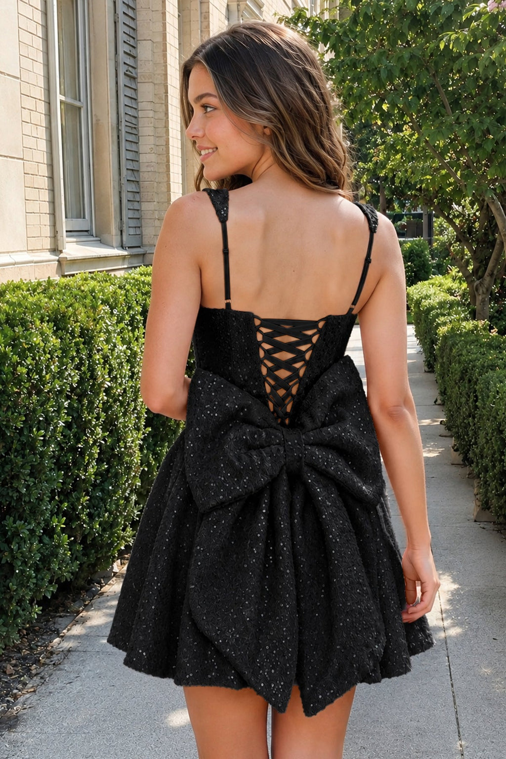Sparkly Pink Square Neck A-Line Sequin Ruched Homecoming Dress with Bow