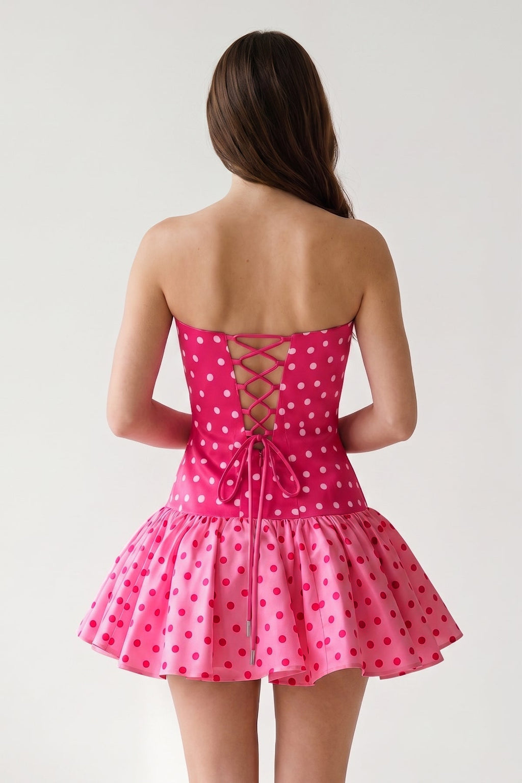Blue Polka Dots Strapless A-Line Satin Homecoming Dress With Bow