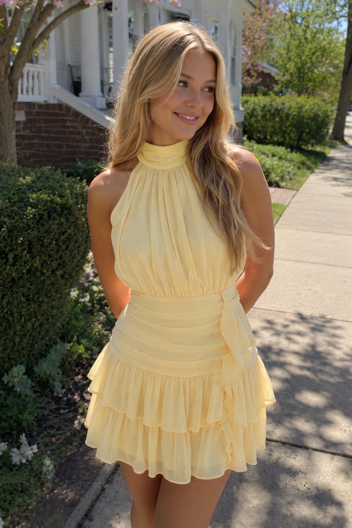 Candy Pink Halter Chiffon Tiered Ruffled A-Line Homecoming Dress