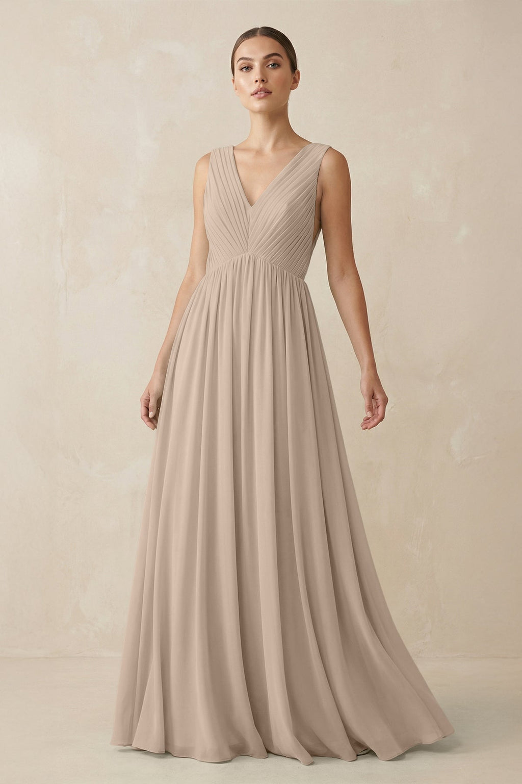 V-Neck Pleated A-Line Chiffon Bridesmaid Dress in Almond