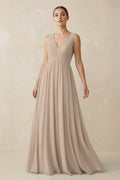 V-Neck Pleated A-Line Chiffon Bridesmaid Dress in Almond
