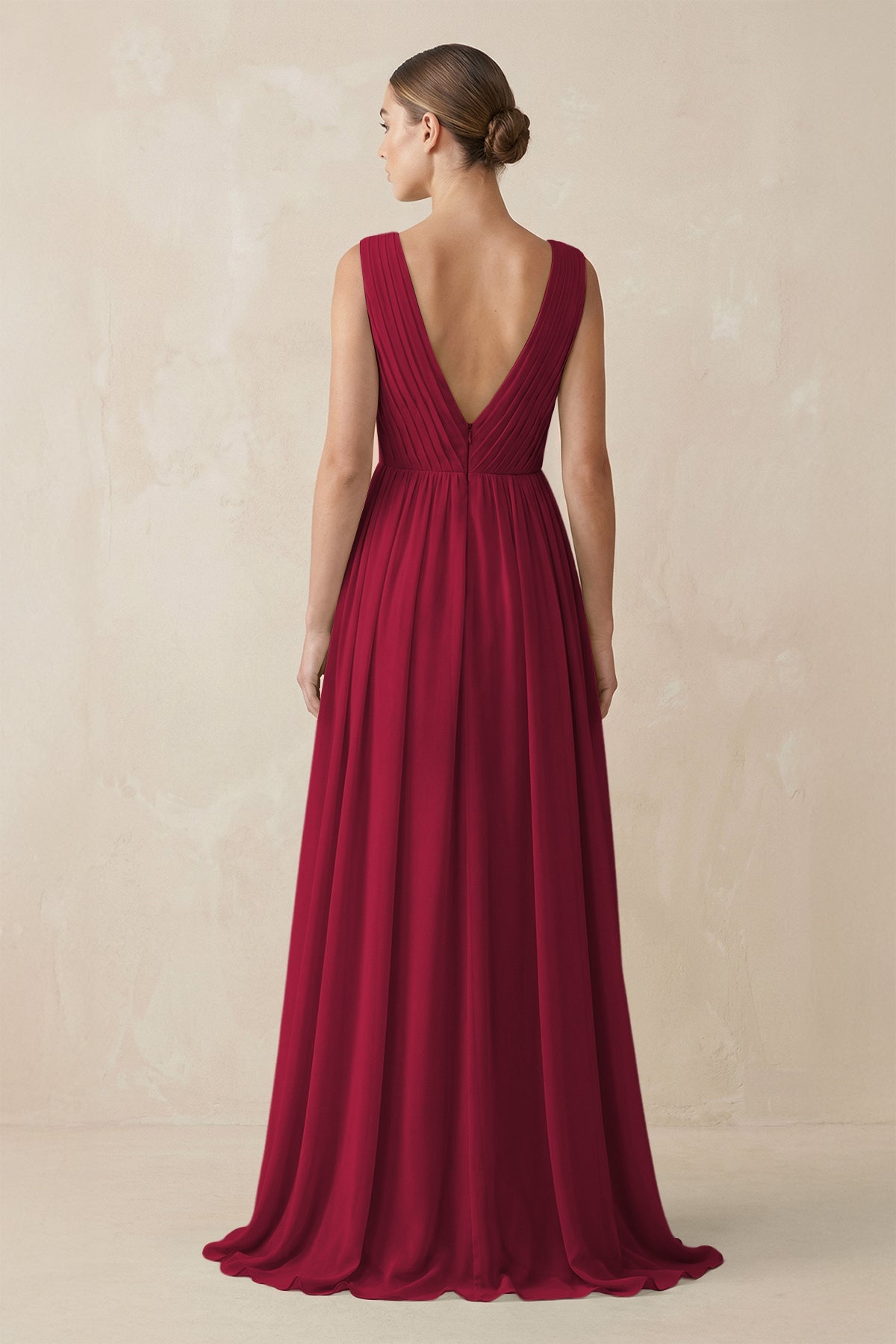 V-Neck Pleated A-Line Chiffon Bridesmaid Dress in Berry