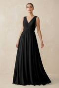 V-Neck Pleated A-Line Chiffon Bridesmaid Dress in Black