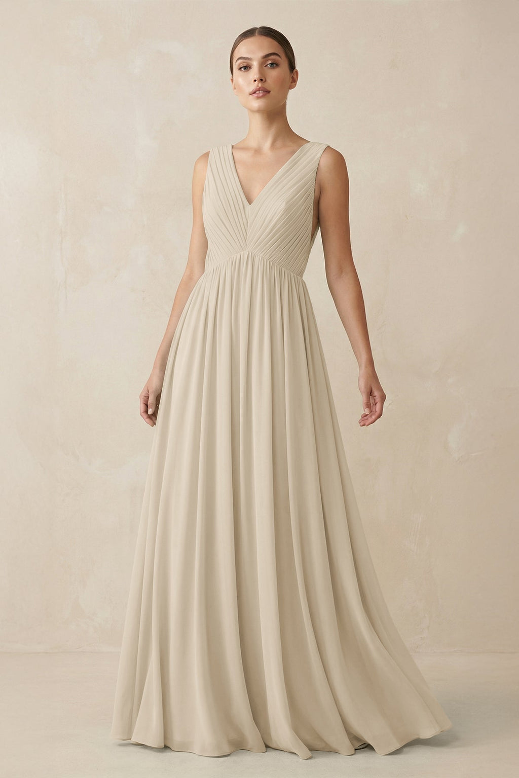 V-Neck Pleated A-Line Chiffon Bridesmaid Dress in Champagne