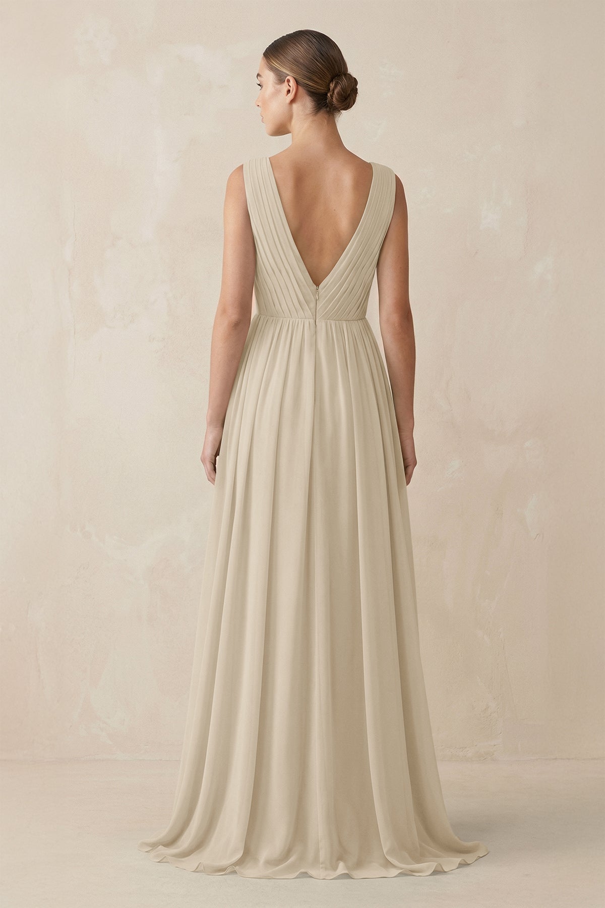 V-Neck Pleated A-Line Chiffon Bridesmaid Dress in Champagne