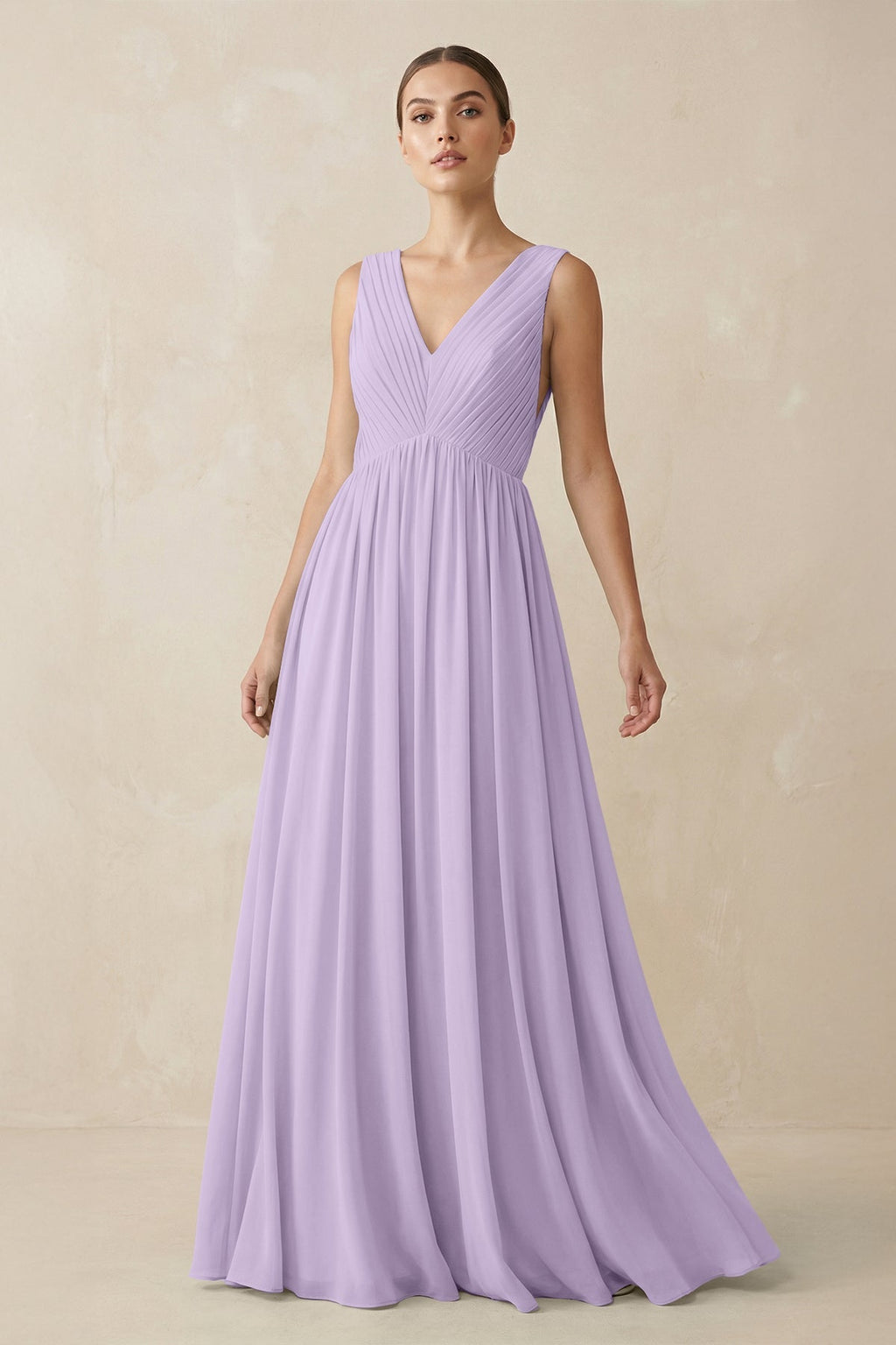V-Neck Pleated A-Line Chiffon Bridesmaid Dress in Lavender