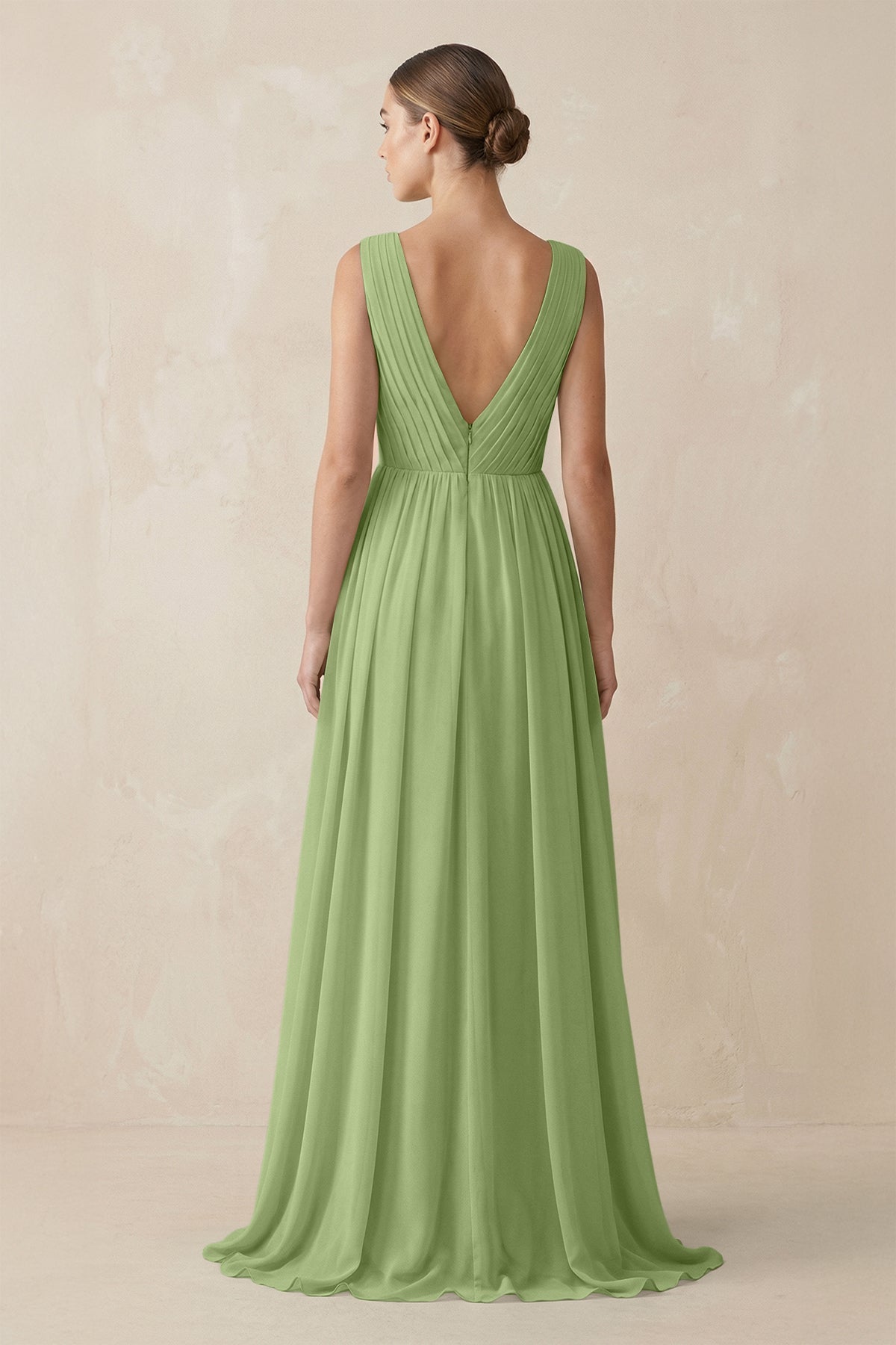 V-Neck Pleated A-Line Chiffon Bridesmaid Dress in Matcha