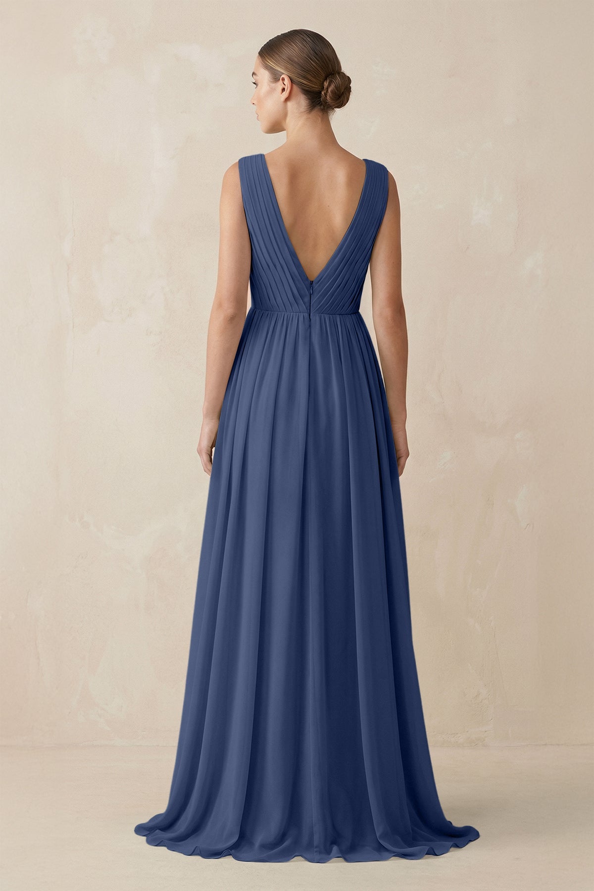 V-Neck Pleated A-Line Chiffon Bridesmaid Dress in Navy