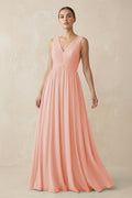 V-Neck Pleated A-Line Chiffon Bridesmaid Dress in Rose Petal