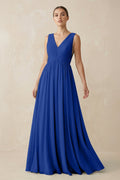 V-Neck Pleated A-Line Chiffon Bridesmaid Dress in Royal Blue