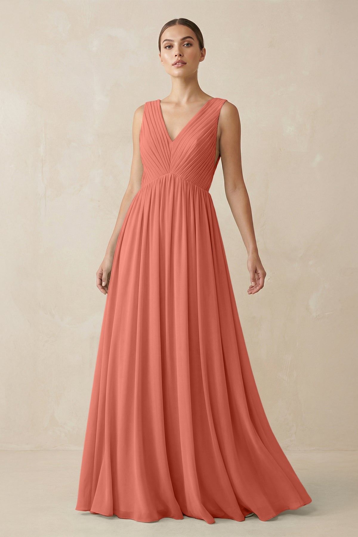 V-Neck Pleated A-Line Chiffon Bridesmaid Dress in Wild Rose