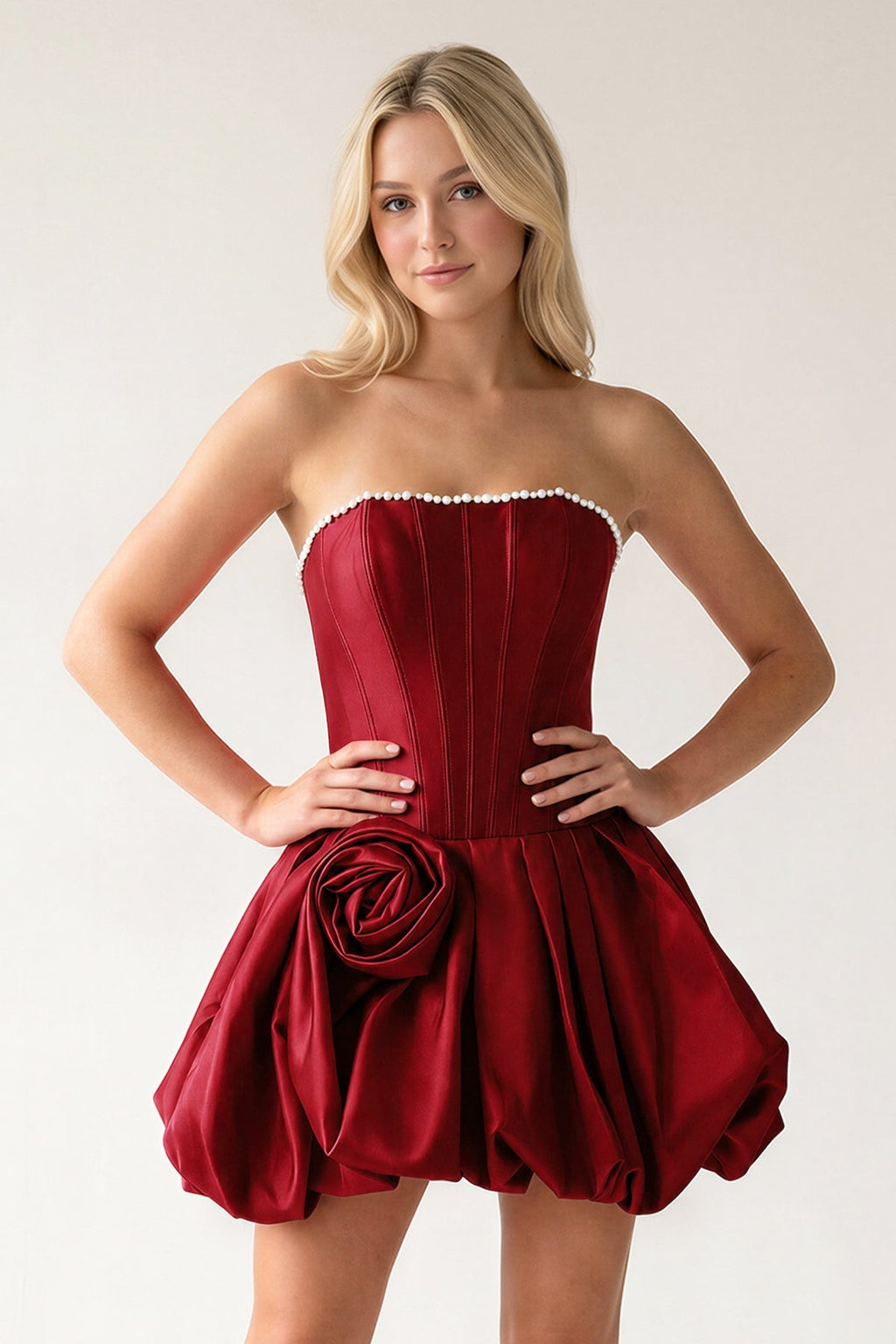 Fuchsia A-Line Bubble Hem Satin Strapless Corset Homecoming Dress