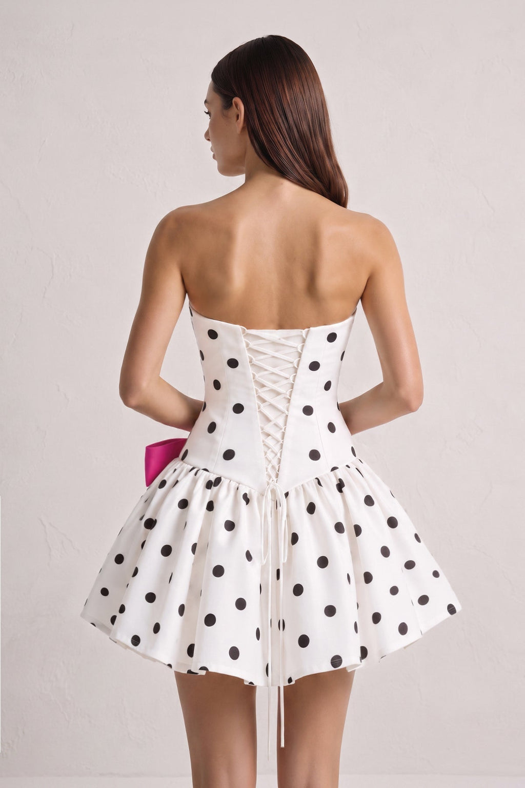 Fuchsia Bowknot A-Line Strapless Polka Dots Satin Homecoming Dress