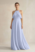 Halter Neck A-Line Chiffon Bridesmaid Dress with Keyhole in Ice