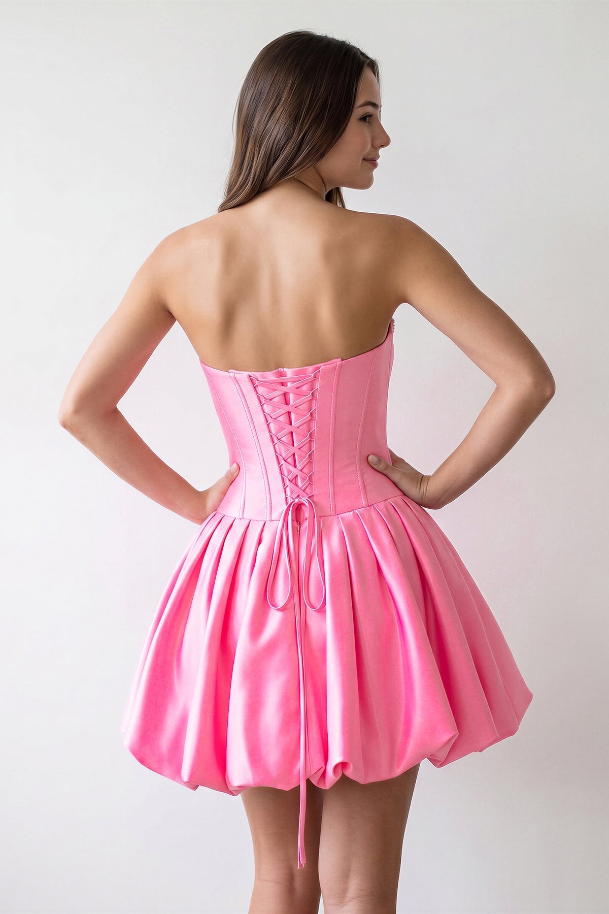 Hot Pink Strapless Satin A-Line Ruched Corset Homecoming Dress with Beading