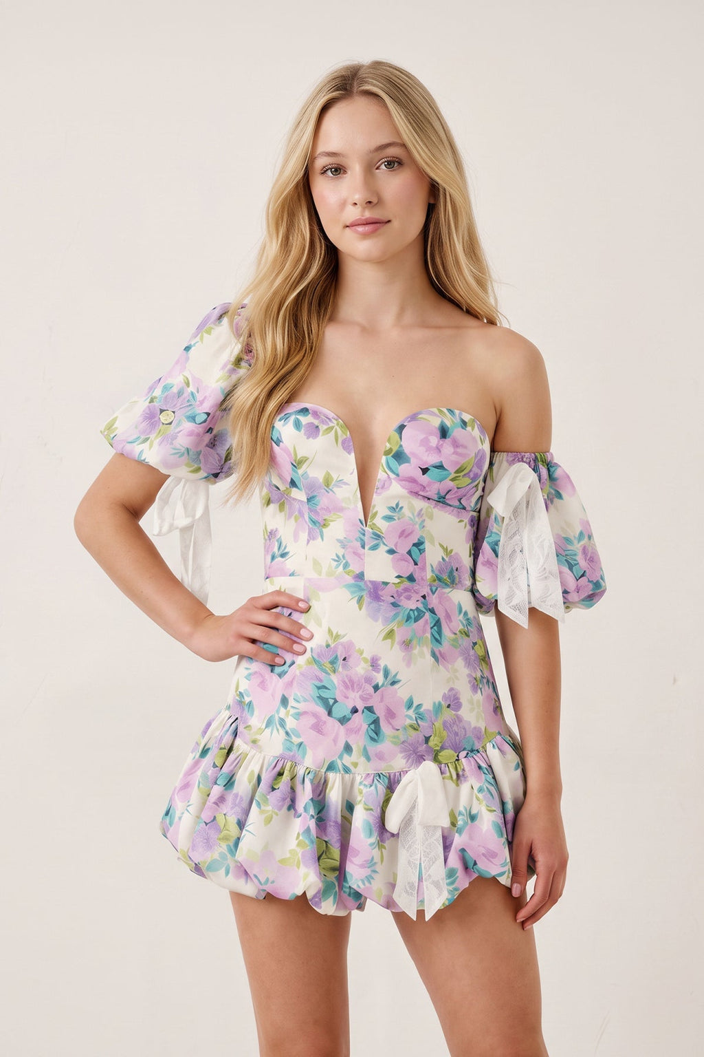Lavender Off the Shoulder Plunge Floral Printed A-Line Ruffled Homecoming Dress