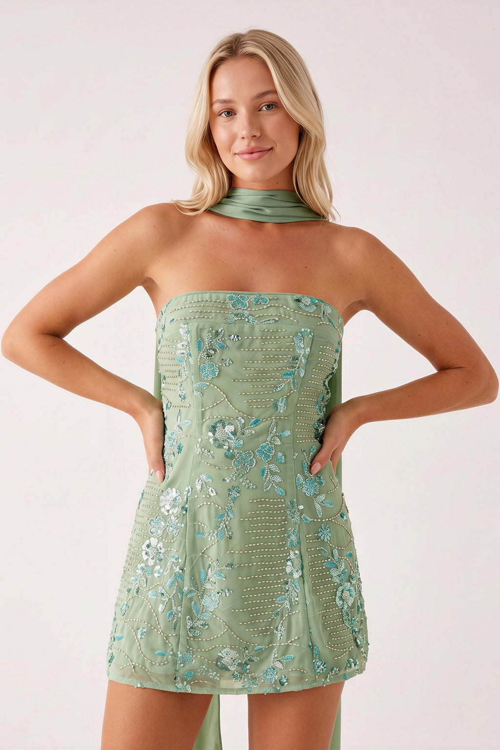 Sage Green Strapless Sheath Embroidered Tulle Homecoming Dress with Scarf