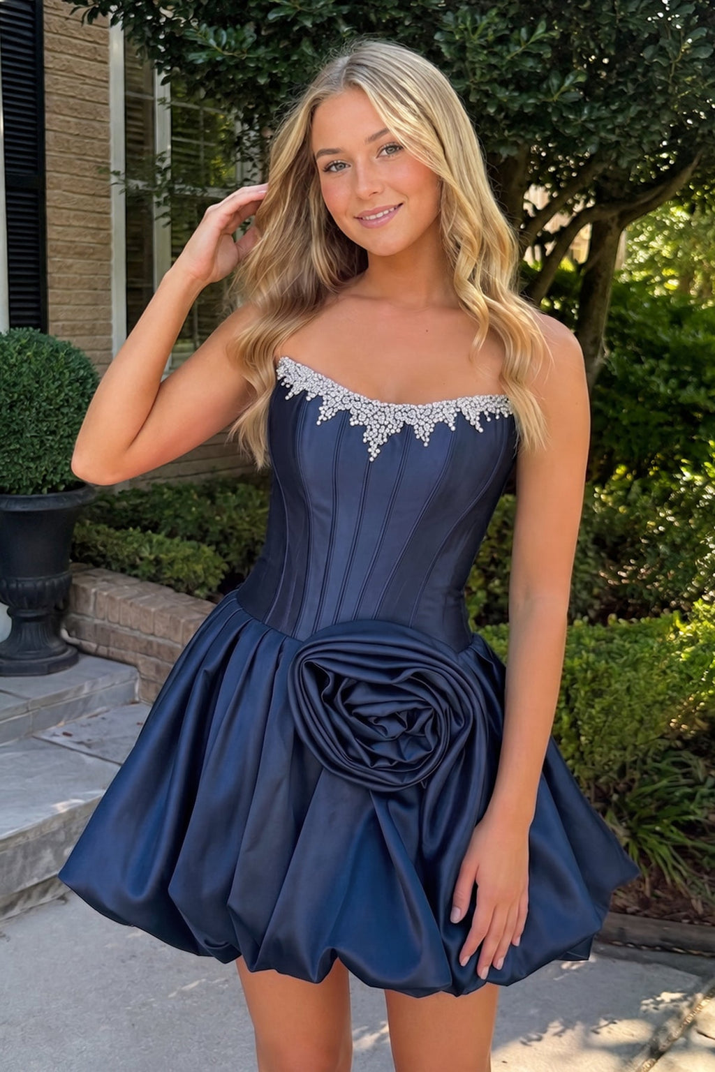 Hot Pink Strapless Satin A-Line Ruched Corset Homecoming Dress with Beading
