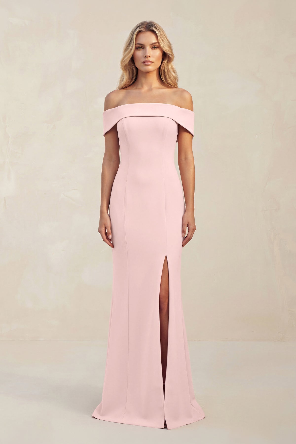 Sheath Off-the-Shoulder Satin Bridesmaid Dress With Slit in Rose Petal
