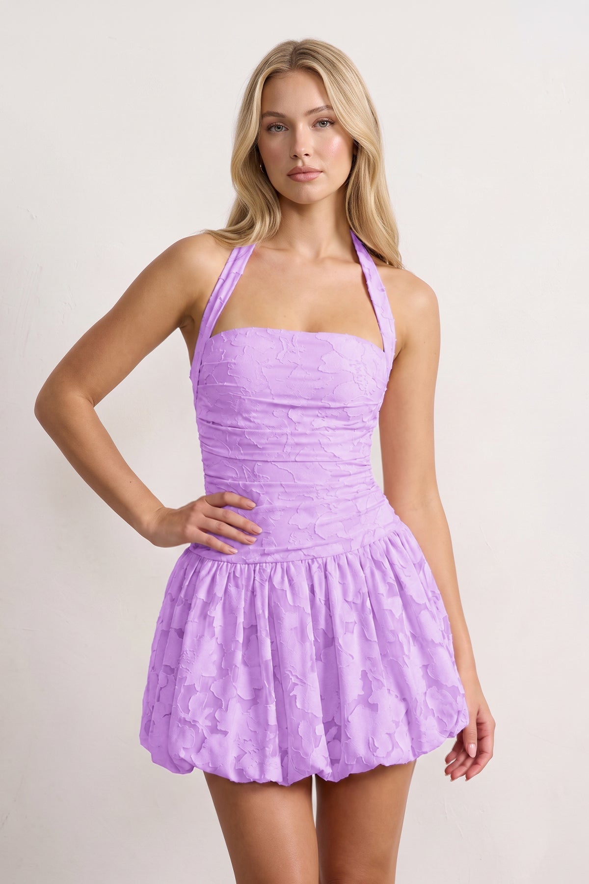 Pink Halter Jacquard Chiffon A-Line Homecoming Dress