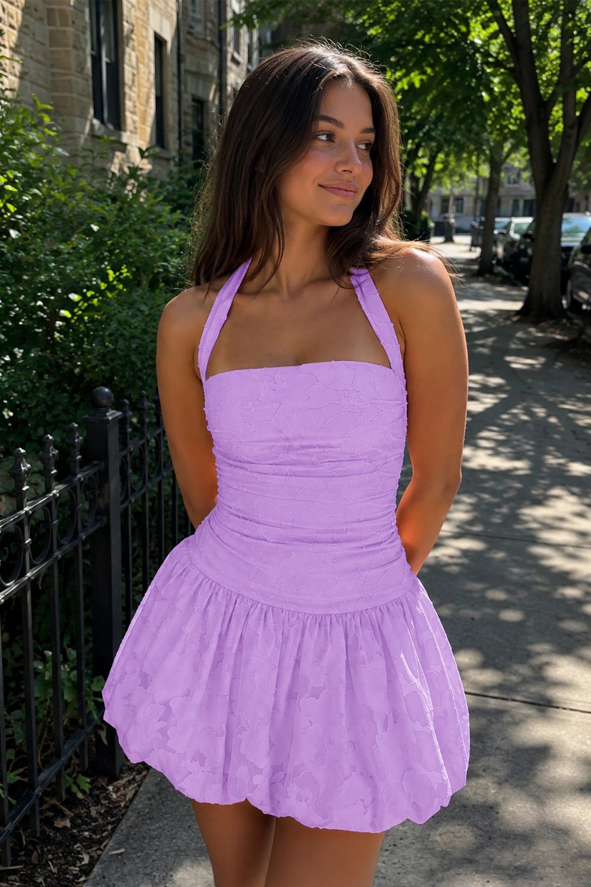 Pink Halter Jacquard Chiffon A-Line Homecoming Dress