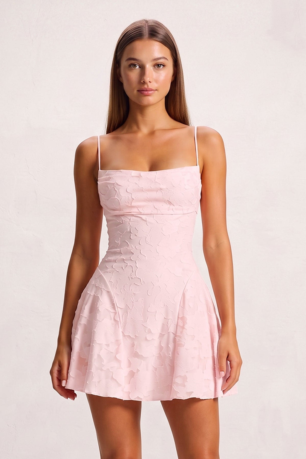 Pink Spaghetti Straps Jacquard Chiffon A-Line Homecoming Dress