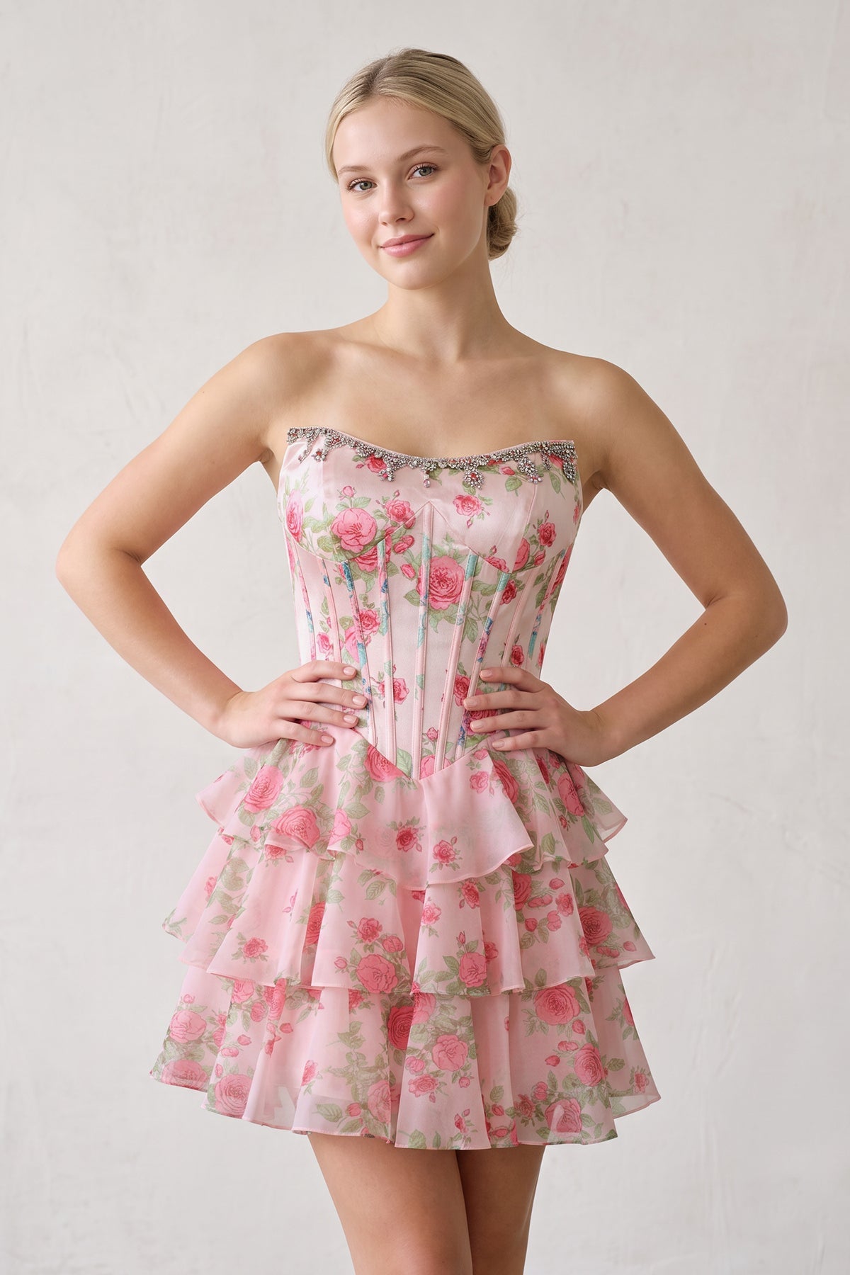 Pink Strapless A-Line Floral Corset Homecoming Dress