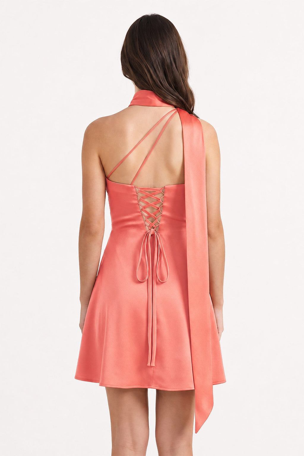 Red One-Shoulder Satin Sheath Homecoming Dress with Scarf