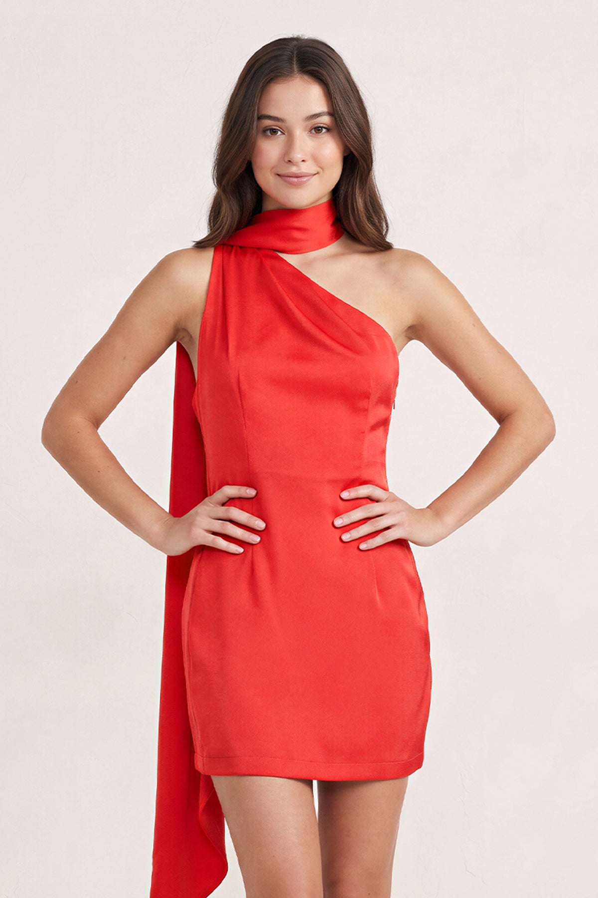 Red One-Shoulder Satin Sheath Homecoming Dress with Scarf