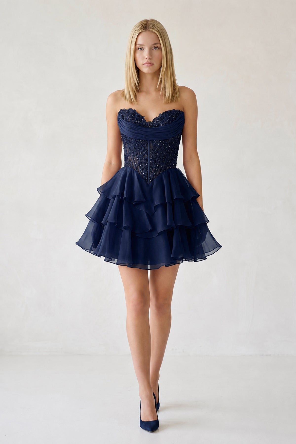 Red Ruffled A-Line Chiffon Sweetheart Corset Homecoming Dress With Beading