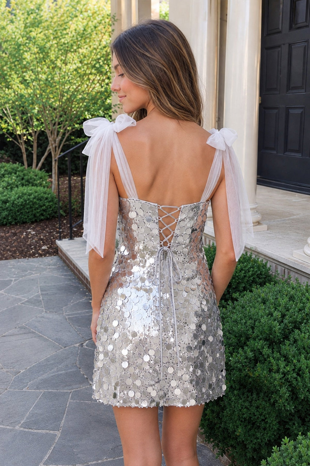 Silver Sparkly V-Neck A-Line Sequin Homecoming Dress
