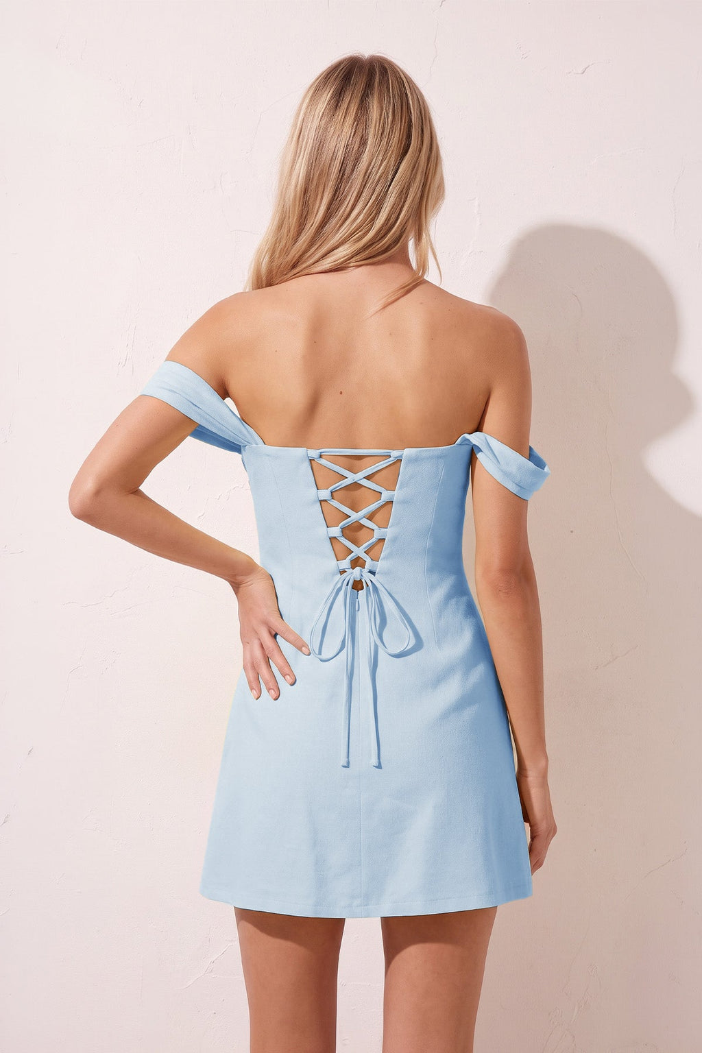 Yellow Off the Shoulder Linen Sheath Homecoming Dress with Lace Up Back