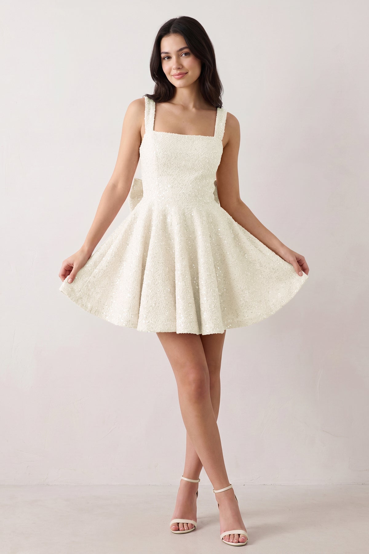 Sparkly Pink Square Neck A-Line Sequin Ruched Homecoming Dress with Bow